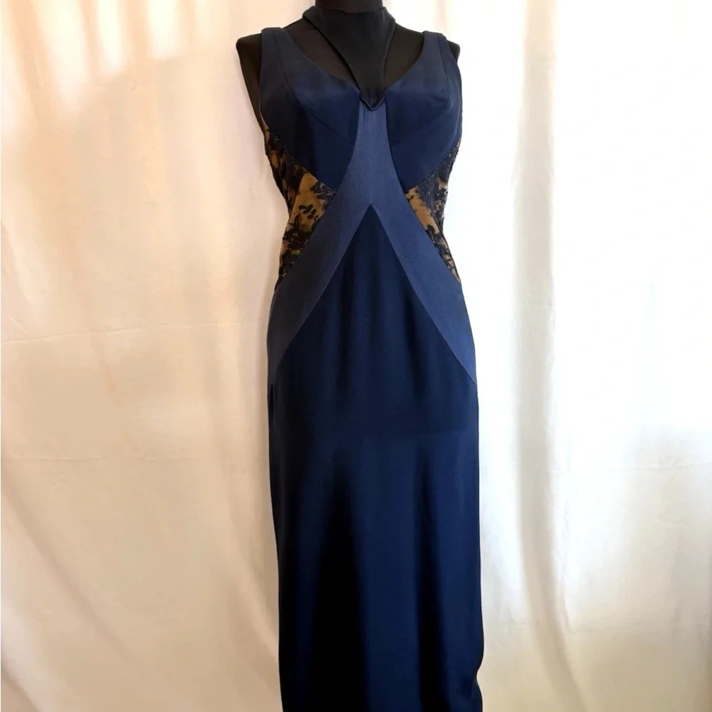 Peggy Jennings Navy Satin Midi Dress with Lace Sides - size Small - Picture 1 of 6